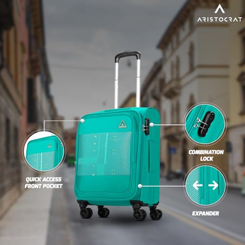 Image of Aristocrat Duralite Cabin Trolley Bag, 55Cm | Combination Lock | 8 Wheels | 3 Years International Warranty | Teal Blue
