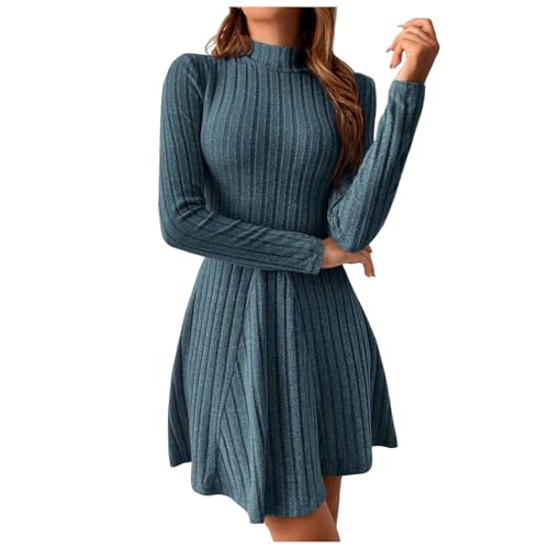 Image of YOSUWOAI Dresses for Women Long Sleeve Jumper Dress Turtleneck A-line Casual Dress Autumn and Winter Skater Dress Long Sleeve Knitted Dress Stand-Up Collar Short Dresses Knitted Sweat Dress, blue, XL