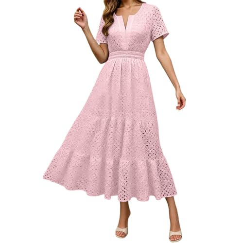 Robe bohème pour femme longue décontractée rose clair avec broderie et volants taille L