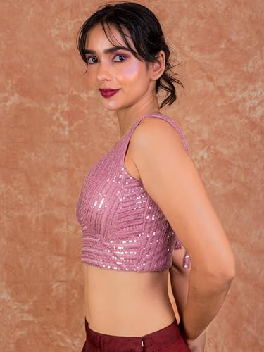 Image of FIGURE'S DESIGNER Women's Sequin Embroidered SabyaSachi Cut Sweetheart V Neck Sleeveless Readymade Saree Blouse E30