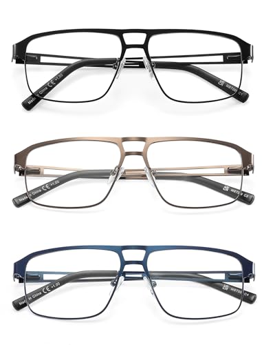OLOMEE Blue Light Blocking Aviator Reading Glasses for Men Lightweight Cool Readers +2.00 Anti Blue Ray Metal Cheaters Reading Glasses Spring Hinges 3 Pack