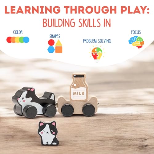 Image of Cubika Wooden Clever Kitties Train Toy - Magnetic Cat-Themed Wood Toy Playset for Toddlers 18 Months+ - Montessori Toy for Fine Motor Skills and Imaginative Play