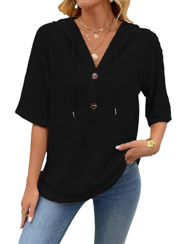 Women's Short Sleeve Tops Waffle Knit Hoodies Drawstring Button V Neck Casual Blouses Shirts Spring Summer Outfits