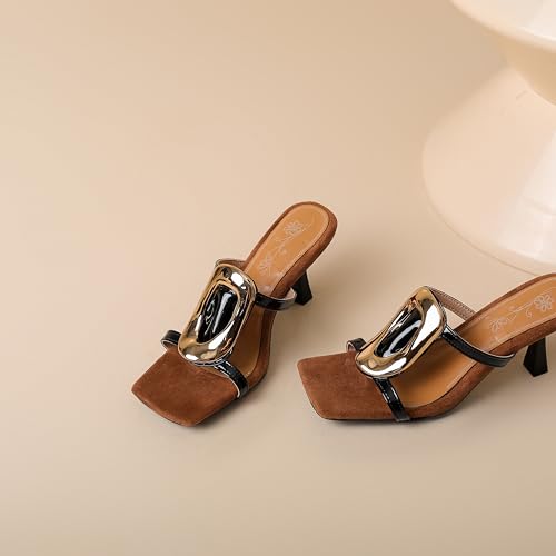 Womens Kitten Heels Sandals Round Square Open Toe Slip On Low Slide Heeled Sandals2