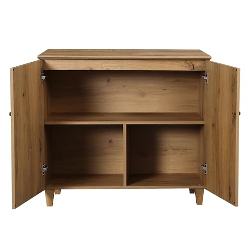 Image of WAMPAT 71 inch Tall Bookcase with Doors & Storage Cabinet, 2 Column Modern 5-Tier Bookshelf with Adjustable Shelf, 71 inch Wide Wooden Display Book Shelf for Home Office, Living Room, Bedroom, Oak Brown