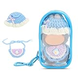 WALLFID Protective Case with Crochet Clothes for Mini Labubu, Handmade Hat & Bib, Clear Shell Carrier with 3-Piece Outfit Set for 10cm Dolls,Cute Doll Accessories (No Doll) (Misty Blue)