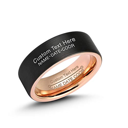LerchPhi Mens 8mm Black Tungsten Carbide Ring Brushed Finish Rose Gold Plated Inside Free Personalized Engrave Supported