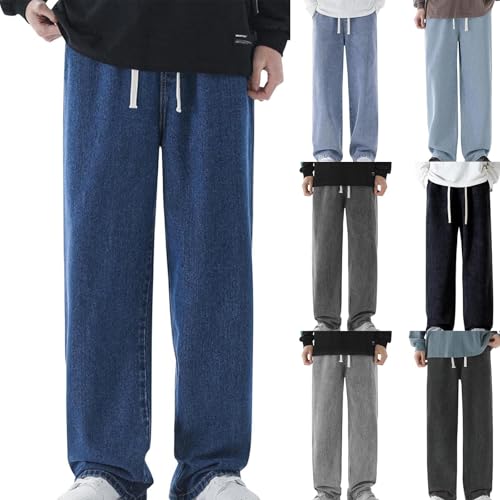Men's Loose Straight Vintage Jeans Wide Leg Casual Denim Pants Elastic Waist Baggy Work Office Streetwear Trousers