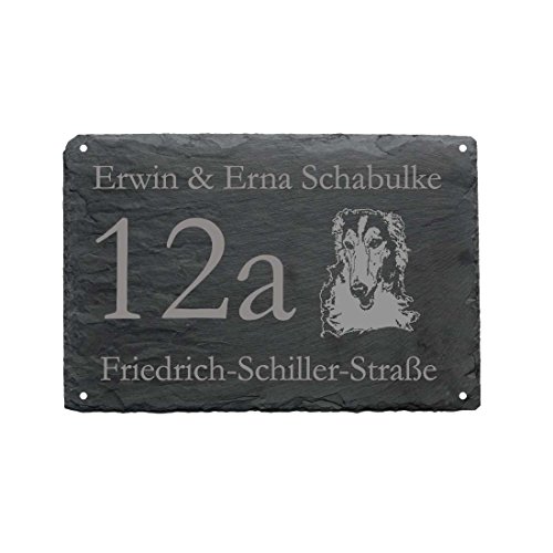 Preisvergleich Produktbild HAUSNUMMER + STRASSE + NAME mit BARSOI als SCHIEFERTAFEL individuell gefertigt Schieferschild mit Hund Borzoi Russischer Windhund