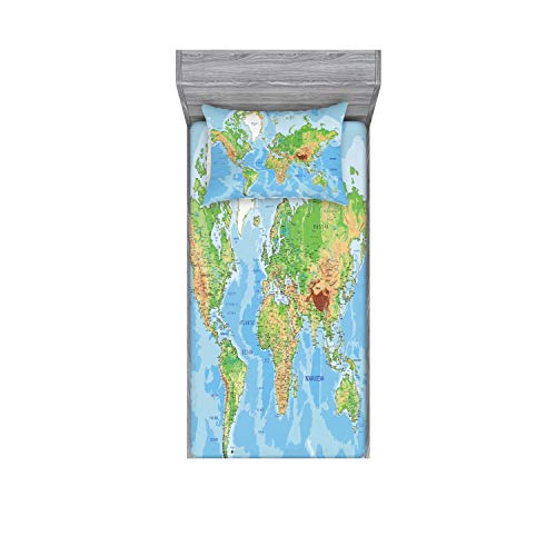 Ambesonne World Map Fitted Sheet & Pillow Sham Set, Topographic Map Of The World Continents Countries Oceans Mountains Educational, Decorative Printed 2 Piece Bedding Decor Set, Twin, Green Blue #TOP5