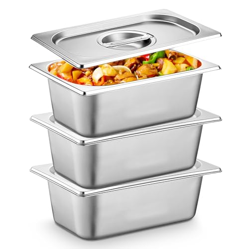 PORFOYO Panierschalen Set 3-Teilig, Panierstraße Rechteckig, Gastronormbehälter Edelstahl Mit Deckel, Gn Behälter Mit Deckel 32.5 * 17.5 * 6.5 Cm Für Koteletts, Schnitzel, Fleisch, Fisch