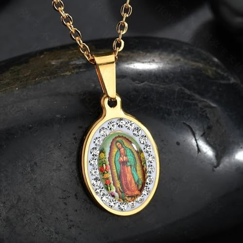 Model wearing the Virgin of Guadalupe necklace