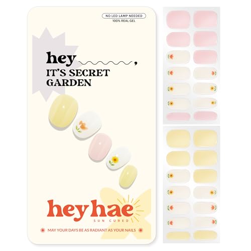 Heyhae Semi Cured Gel Nail Strips | No LED Lamp Needed |Yellow Floral | Easy Apply & Remove Salon Quality | Includes 28 Strips 2 Prep Pads Nail File & Wooden Stick - Hey Its Secret Garden