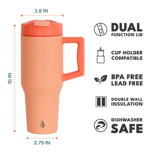 Image of Elemental 100% Leak Proof 32oz Tumbler with Handle & Straw Travel Mug | Stainless Steel Double Wall Insulated Tumbler for Hot and Cold Beverages with Sip & Straw Lid