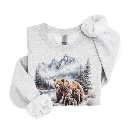 Vintage Mama Grizzly Bear & Cubs Wilderness Scene Sweatshirt - 90s Retro Brown Bear Wildlife Sweatshirt - Scenic Winter Mountain Nature Sweater - Unisex Graphic Crewneck Sweatshirt3