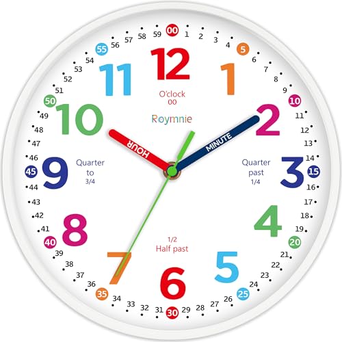Wall Clock for Kids Learning to Tell Time Non Ticking Battery Operated Kids Teaching Clock Small Teaching Time Clock Decorative for Kids Room Classroom School (8 Inch)