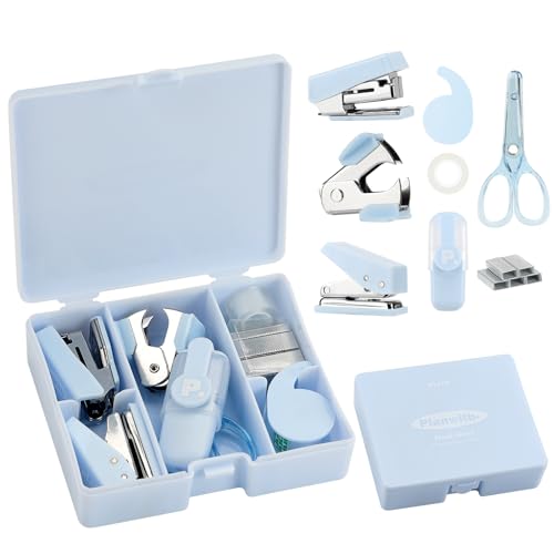 EooUooIP Practical and Beautiful Office Supplies Blue Handbook Tool Box,Stapler Tape Staples Hole Puncher Paper Scissor for Efficient Work and Stylish Gifting.