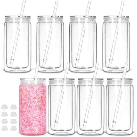 Tswofia 8 Pack plastic Snow Globe Tumbler, 16 Oz Double Wall Plastic Can with Lid and Straw, Plastic Mason Jar Mug for Snow Globe Glitter DIY Gift (Clear) Cover