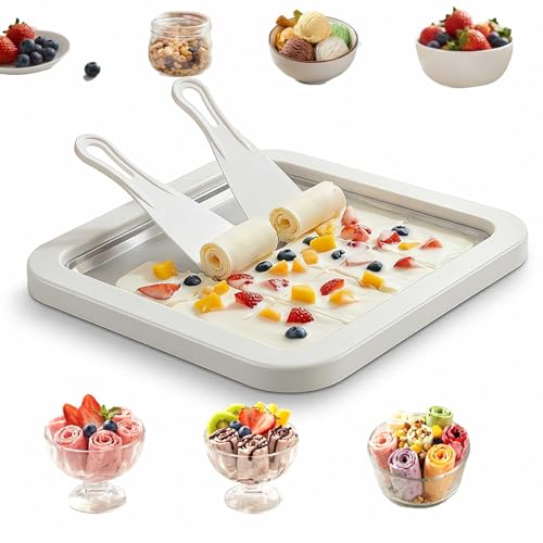 Rolled Ice Cream Maker Kit, DIY Ice Cream Roll Tray with 2 Scrapers, No Electricity Required, Stainless Steel Freezing Plate for Rolled Ice Cream, Frozen Yogurt, Sorbet (White)