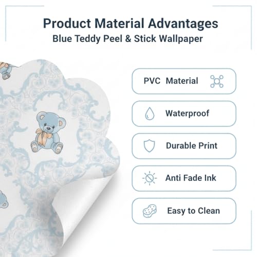 Image of Teddy Kids & Circle Textured Kids Room Wallpaper | Peel & Stick Self Adhesive | Waterproof Removable PVC Vinyl | Baby Boy Room Decoration 2 x 6 Feet