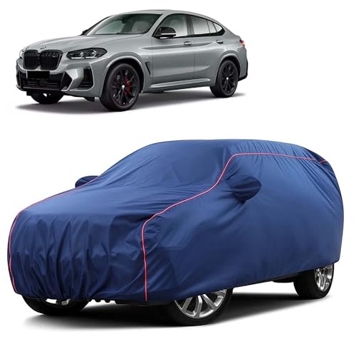 Image of Sulfar 100% Water Resistant Car Body Cover Compatible with Mirror for BMW X4 (Triple Stitched, Full Bottom Elastic, Blue Taffeta with Red Piping)
