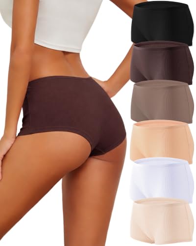 Image of Cotton Boyshort Underwear for Women Boxer Briefs Lady Boy Short Panties | 6 Pack,Full Coverage,Plus Size,Girls Panties,Under Dress,Breathable,Cute,Stretch,Stay in Place,Multiple Colors,Machine Wash