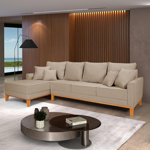 Sofá Beny Chaise e 4 lugares Living Linho Base de Madeira Fixo Sala (Bege, Lado Esquerdo)