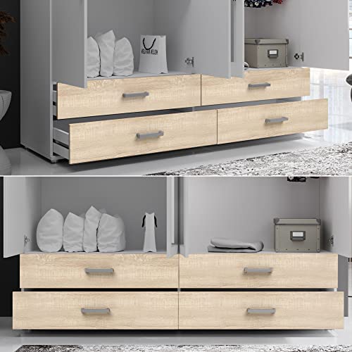 IVAR Kleiderschrank mit Spiegeln und Schubladen - Vielseitiger Drehtürenschrank 4-türig in Weiß, Eiche Sonoma Optik - 180 x 190 x 51 cm (B/H/T)