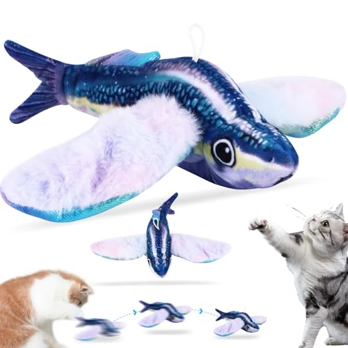 Kinberry Giocattolo a forma di pesce volante per gatti, morbido giocattolo da masticare per gatti, con movimento attivato dal movimento, con pacchetti di erba gatta, ricaricabile tramite USB, lavabile