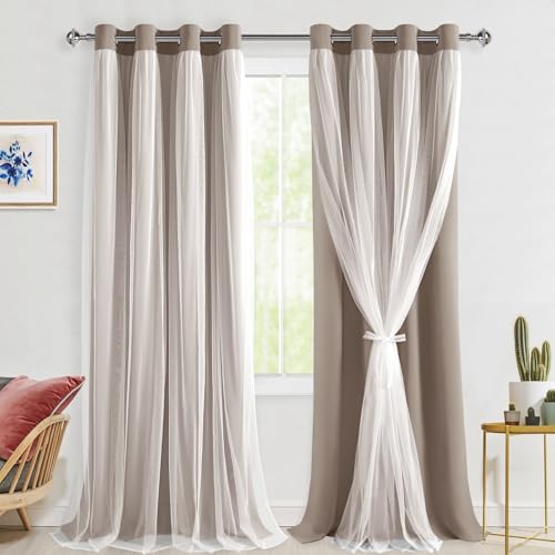 Hiasan Blackout Curtains with Sheer Overlay, Camel, 52W X 96L, 2pcs