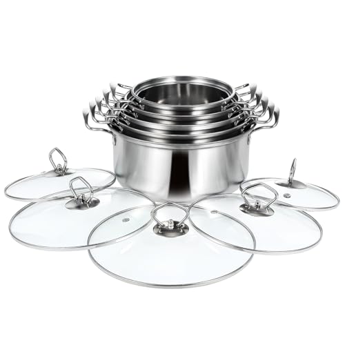 Gatuida 5 juegos Cacerolas Inoxidable con Doble Asa y Tapa de Vidrio Ollas para Inducción Resistentes y Versátiles para Cocina
