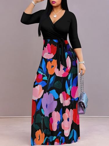 Image of PinkPatty Plus Size Dresses for Curvy Women V Neck Flowy Long Sleeves Wrap Maxi Dress Travel Vacation Outfits