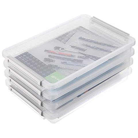BSTKEY 4 Pack A4 Plus File Box Stationery Storage Case, Stackable Transparent Portable Project Case with Lid, 1 Deck Storage Bag Organizer Cover