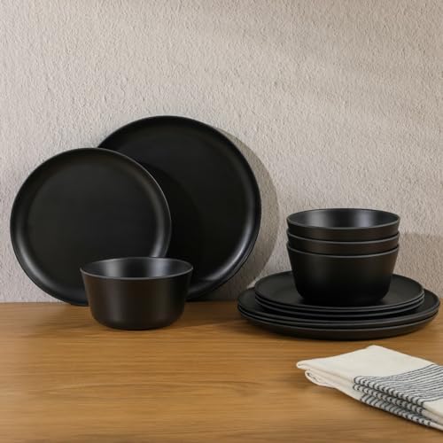 image for Gibson Home Fairhope 12 Piece Melamine Dinnerware Set - Matte Black, M