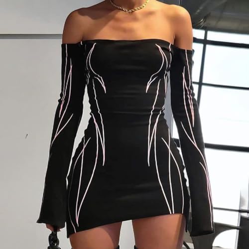 Aopwsrlyi Women Sexy Off Shoulder Long Sleeve Mini Bodycon Dress Y2K Print Asymmetrical Hem Dresses Party Clubwear4