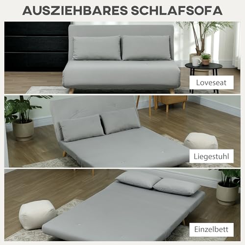 HOMCOM 3 in 1 Schlafsofa 130 x 190 cm Sofa mit Bettfunktion, Klappbar Couch mit Lendenkissen, Samtoptik, Verstellbarer Rückenlehne für Wohnzimmer, Schlafzimmer, Hellgrau