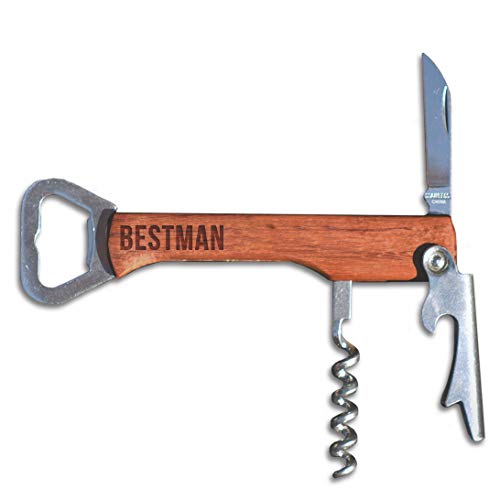 Product Image of the Engraved Wedding Corkscrew - 3 in 1 Male Wine Bottle Opener with Knife and Wood Handle (Best Man)