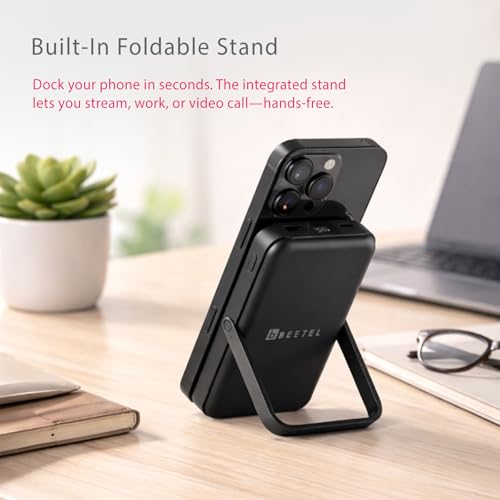 Image of Beetel MagVibe Series WS01 Magsafe 10000mAh Magnetic 15W Wireless Power Bank with Stand for Apple iPhone, Samsung, OnePlus, All Smartphones| Qi Enabled Devices | 3M Ring In Box | Premium Finish| Black