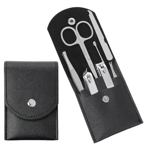 7 Pcs Travel Manicure Set Nail Clipper Set Gifts for Men & Women Fingernail Grooming Kit, Travel Clipper Kit with Nail Care Tools Beauty Scissors Tweezers PU Black Leather Pouch