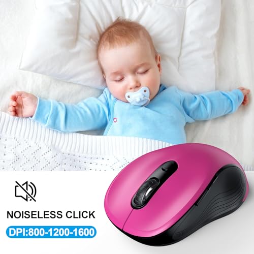 Image of WisFox 2.4G Wireless Mouse for Laptop, Ergonomic Computer Mouse with USB Receiver and Type-C Adapter, 3 Adjustable Levels, 6 Button Cordless Wireless Mice for Windows Mac PC Notebook (Fuchsia)