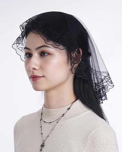 Bozidol Small Catholic Veils for Church, Christian Cross Lace Mantilla Chapel Veil, Latin Mass Head Coverings for Women Girls2