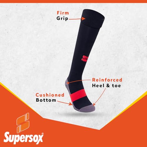 Image of Supersox Unisex Kid's Football Socks - Knee Length Socks with Cushioned Sole, Odour Free & Superior Grip Uniform Stockings for Football /Soccer, Pack of 2