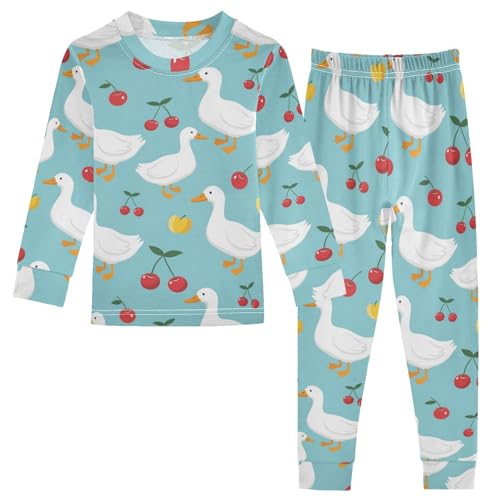 Pajama Sets Long Sleeve Ducks Cherries Apples Blue Background Soft Comfy Sleepwear 2 Piece PJS 3-8T