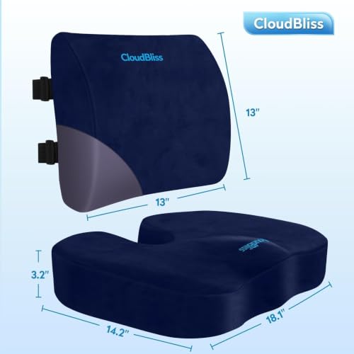 Image of CloudBliss Lumbar Support Pillow & Seat Cushion Set for Office Chair, Desk Chair, Wheelchair & Car - Memory Foam Back Support, Ergonomic Chair Cushions, Sciatica Pain Relief, Home Essentials, Blue