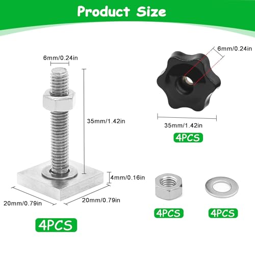 DAIRYCOF 4 Sets T-Nut Nutensteine M6x35mm, 20x20x4mm Nutensteine Dachträger inkl. Sterngriffmuttern & Unterlegscheiben – kompatibel mit Dachträger, Relingträger, Fahrradträger & Schiene