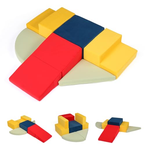 JOYMOR 6-Piece Fabric Soft Play Baby Climbing Blocks for Toddlers with Foldable Long Slide, Foam Climbing Toys for Toddlers 1-3 Inside for Kids' Physical Coordination, Graphics Cognition, Creativity