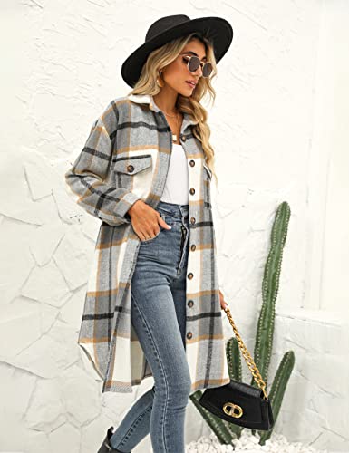Puwei Women's Long Flannel Plaid Jacket Shacket Cozy Lapel Button Down Shirt Jacket Fuzzy Trench Coat(1448-Grey-Xs) #TOP4
