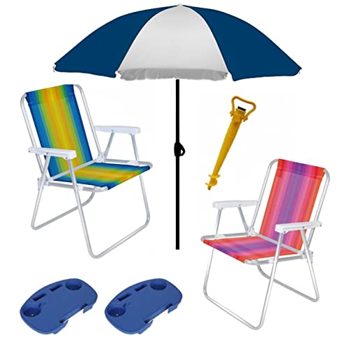 Kit Praia 2 Cadeira Alta Alumínio + Guarda Sol 1,8m + 2 Mesa Portátil + Saca Areia - Mor - Azul Mari