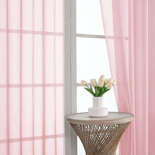 Image of OVZME Blush Pink Bedroom Curtains 96 Length for Farmhouse, 59 Inch Extra Wide Light Filtering Voile Drapes Light Airy Window Decor for Patio Door Living Room Bedroom Dining, 59Wx96L Inches