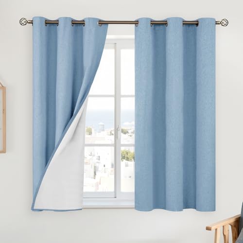 Image of YoungsTex Light Blue Linen 100% Blackout Curtains 45 Inch Length, Short Thermal Insulated Drapes with Grommet Privacy Privacy for Living Room Bedroom Window, 2 Panels, 42 X 45 Inch
